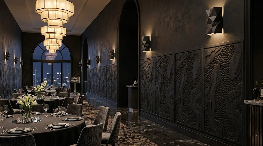 Solid wood textured panel cladding in a premium hotel lobby and corridor
