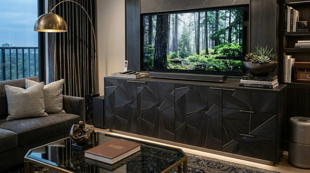 Solid wood textured panel applied as feature wall in a luxury residential living room