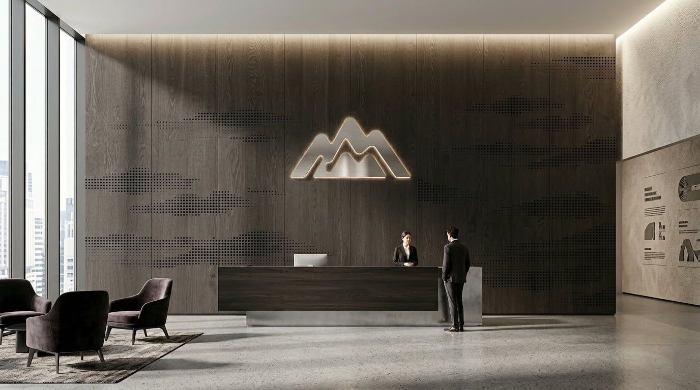 Solid wood textured panel used as decorative partition and wall accent in modern office space
