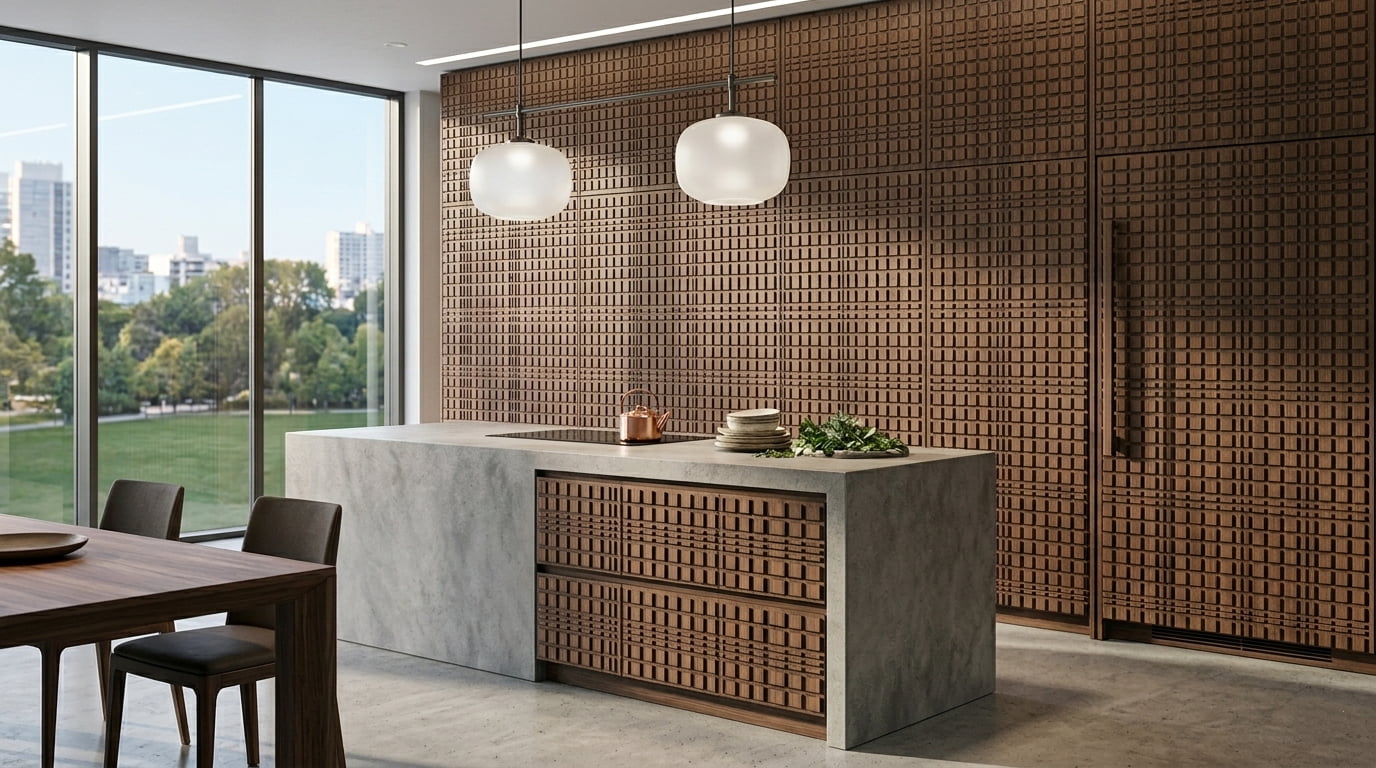 Solid wood textured panel used as cabinet door fronts and furniture facade in kitchen and wardrobe